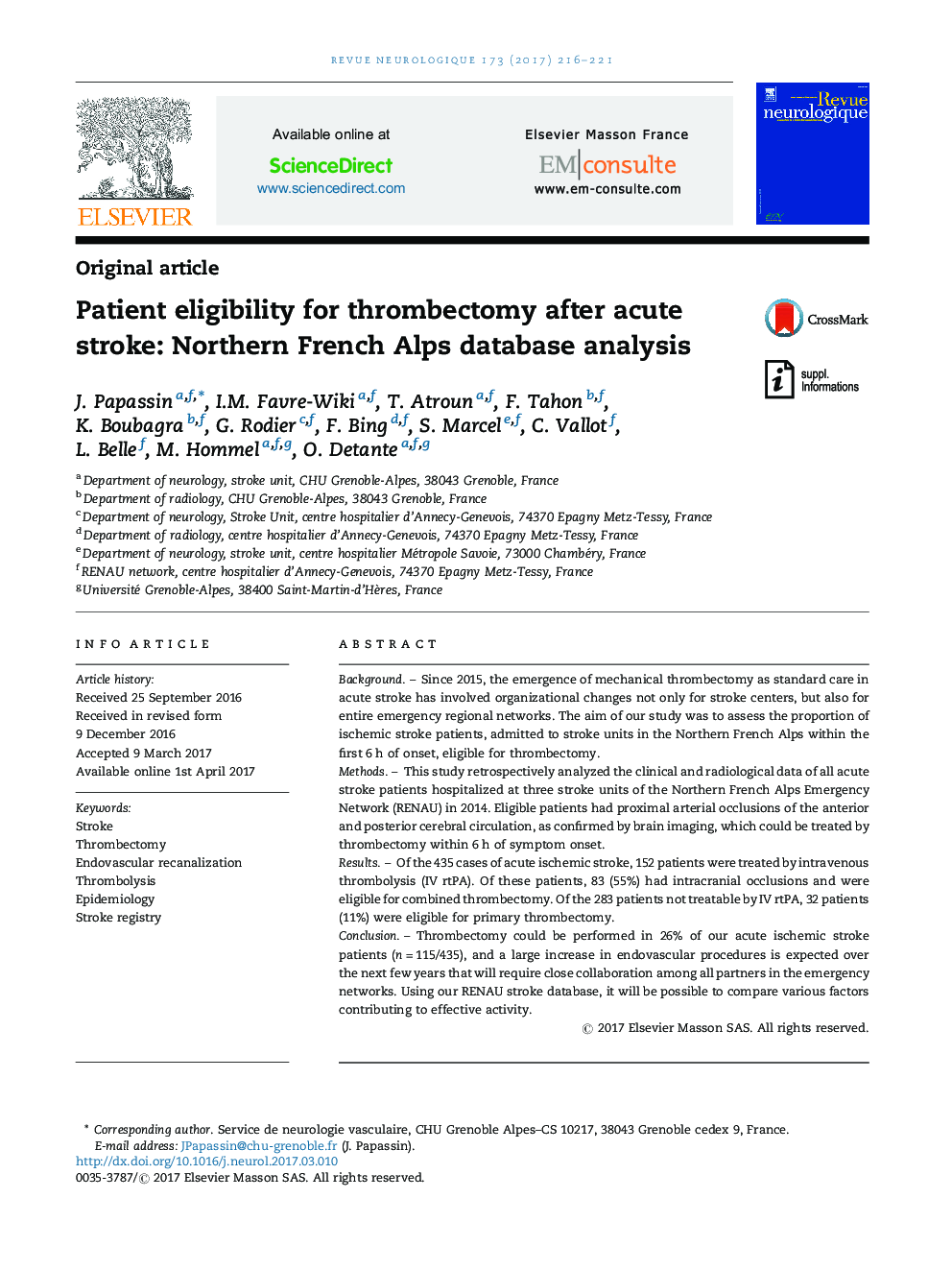 Patient eligibility for thrombectomy after acute stroke: Northern French Alps database analysis