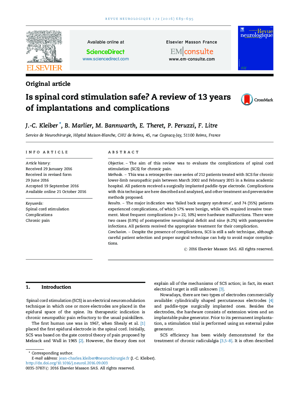 Original articleIs spinal cord stimulation safe? A review of 13 years of implantations and complications