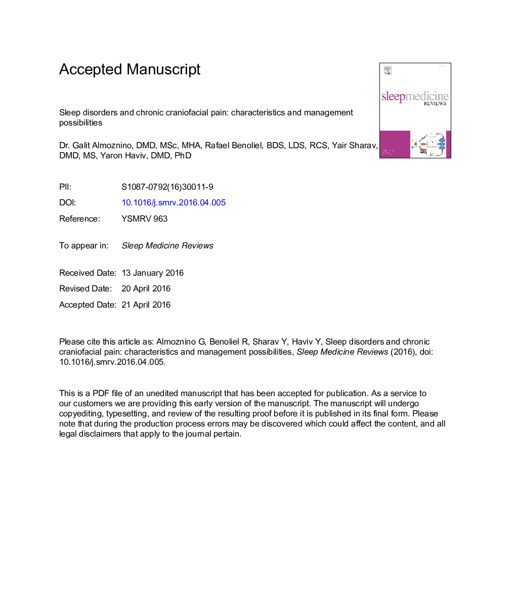 Sleep disorders and chronic craniofacial pain: Characteristics and management possibilities