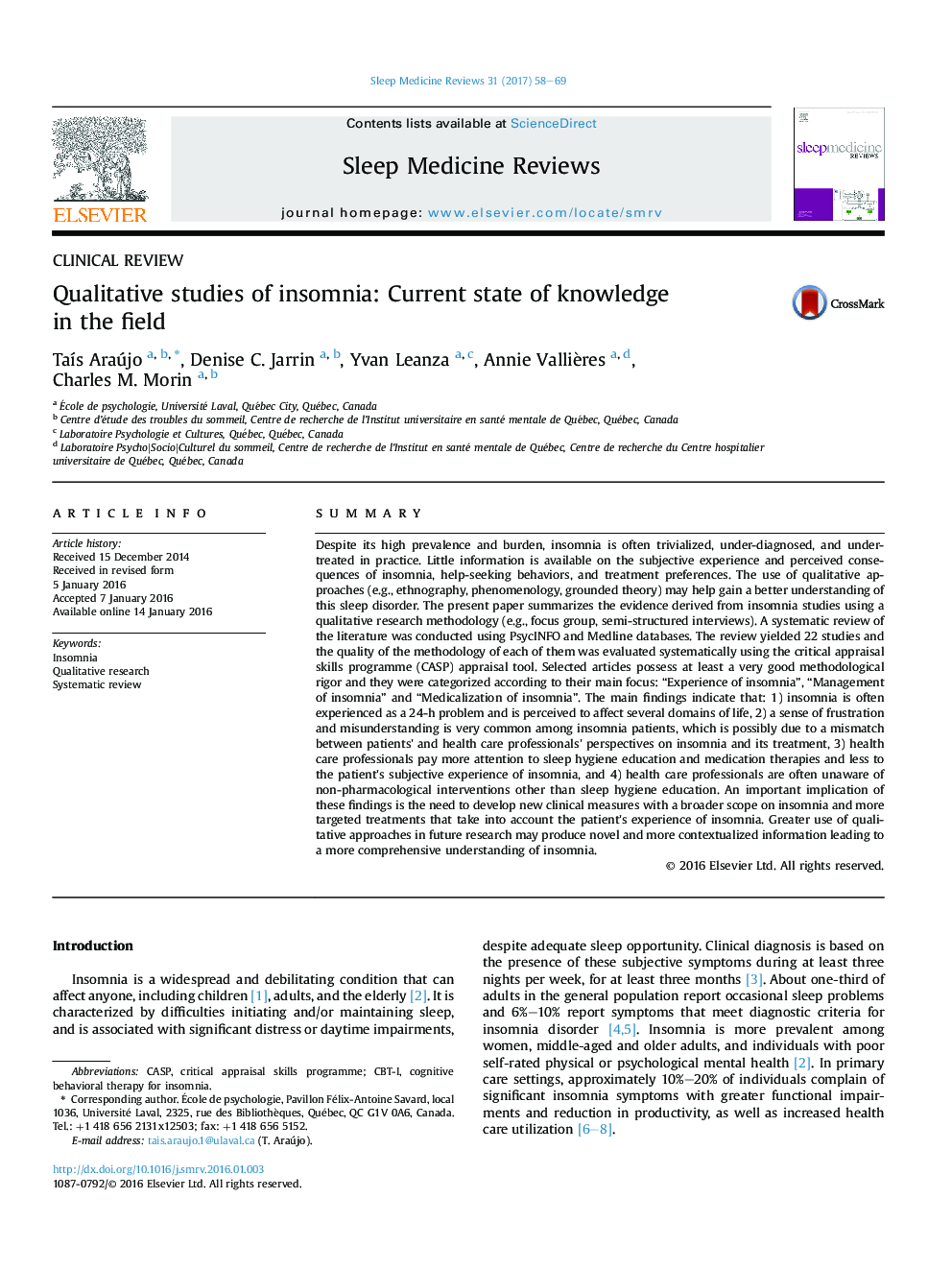 Clinical reviewQualitative studies of insomnia: Current state of knowledge in the field