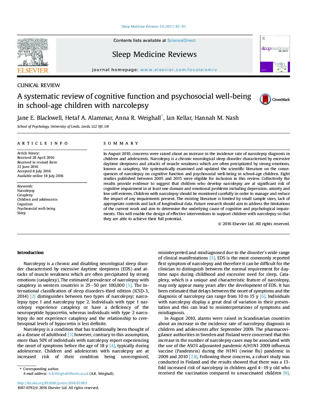 بررسی بالینی بررسی سیستماتیک عملکرد شناختی و رفاه روانی و اجتماعی کودکان مبتلا به نارکولپسی 