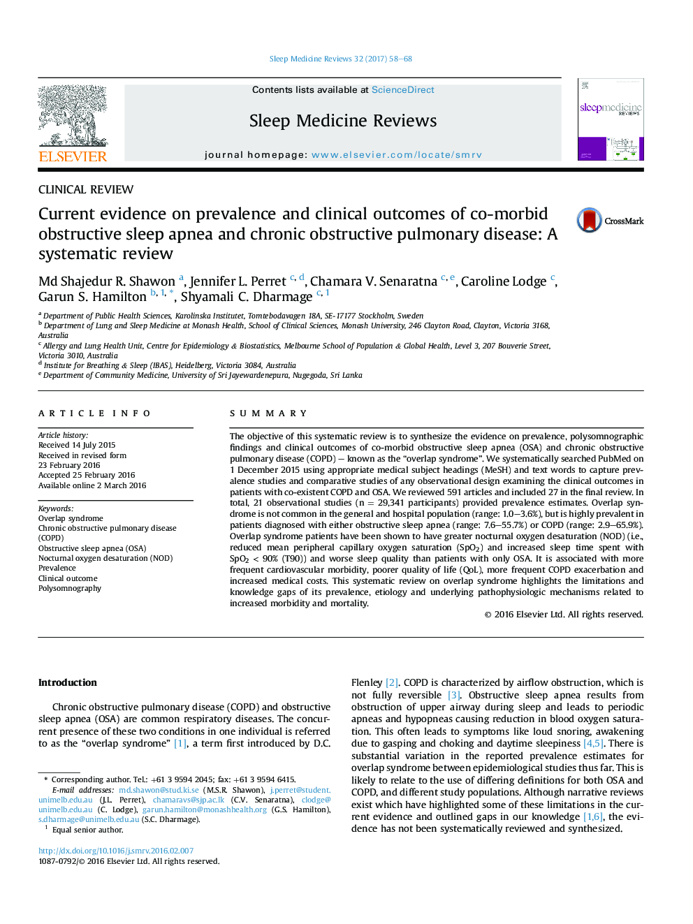 Clinical reviewCurrent evidence on prevalence and clinical outcomes of co-morbid obstructive sleep apnea and chronic obstructive pulmonary disease: A systematic review