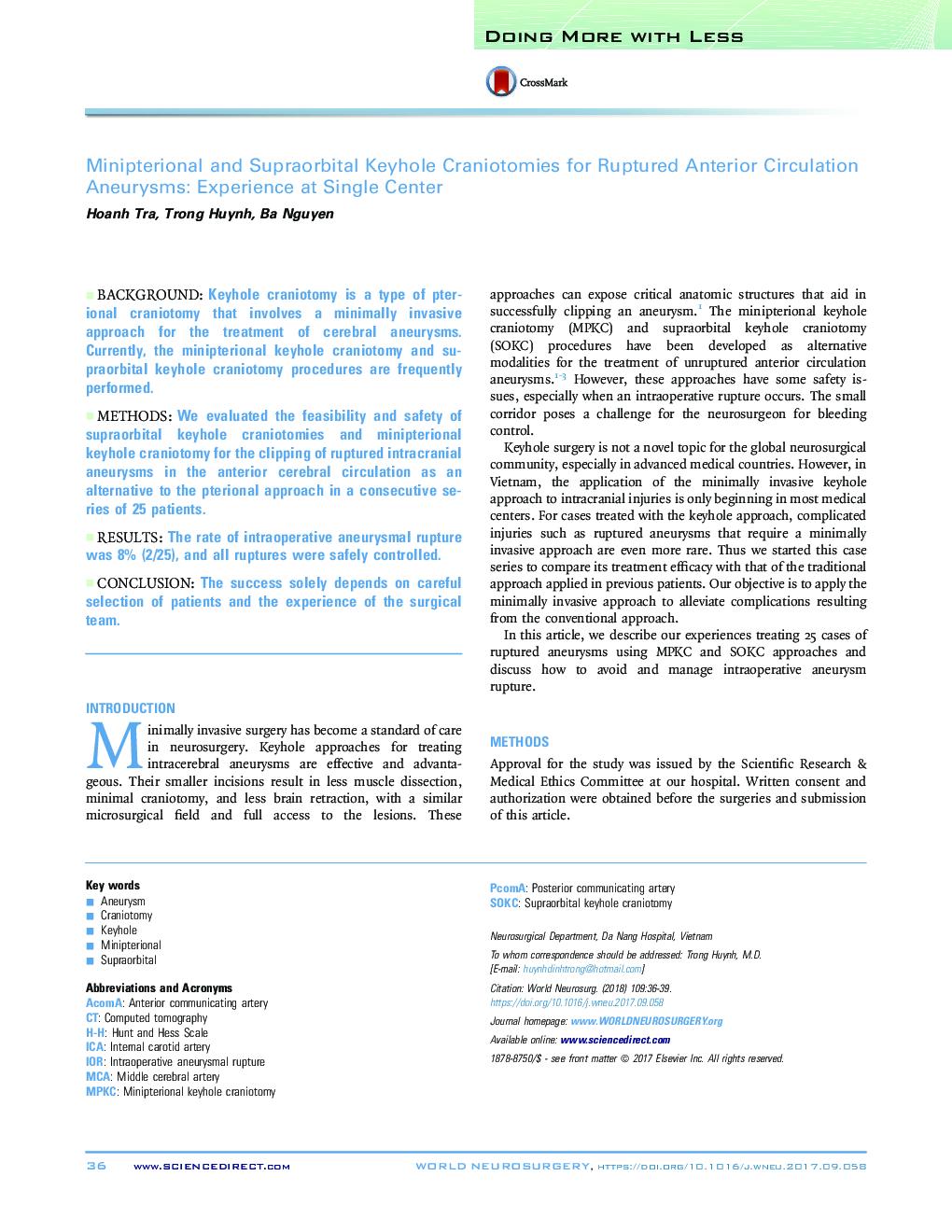 Doing More with LessMinipterional and Supraorbital Keyhole Craniotomies for Ruptured Anterior Circulation Aneurysms: Experience at Single Center