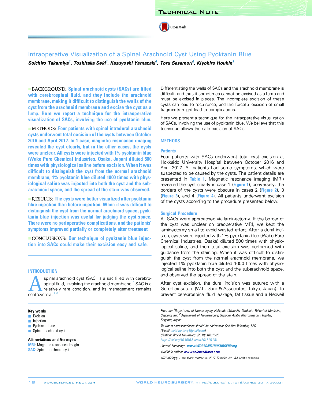 Technical NoteIntraoperative Visualization of a Spinal Arachnoid Cyst Using Pyoktanin Blue