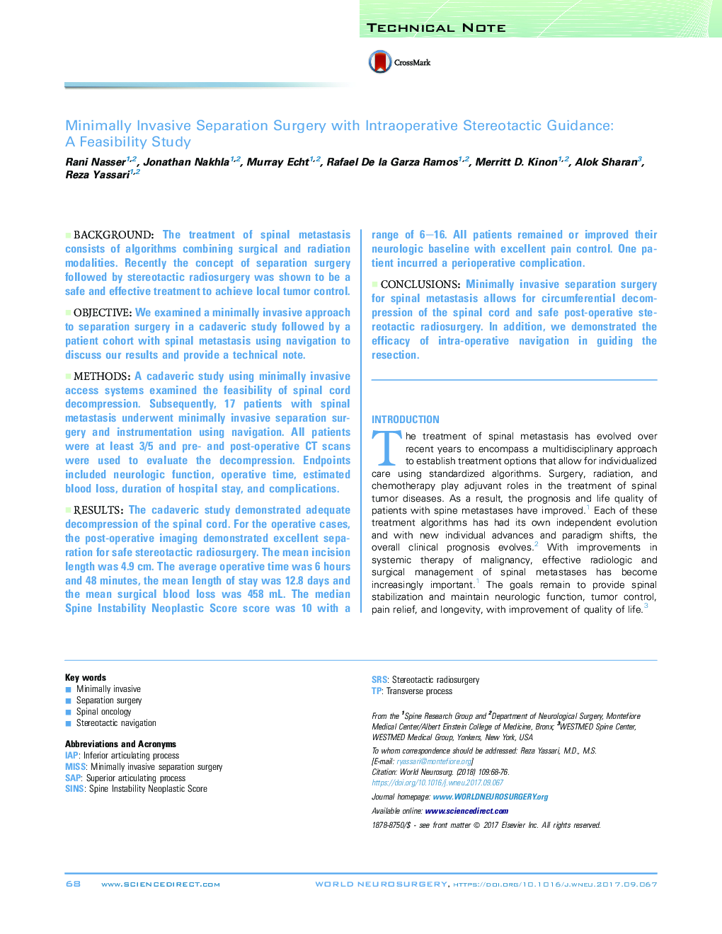 Technical NoteMinimally Invasive Separation Surgery with Intraoperative Stereotactic Guidance: AÂ Feasibility Study