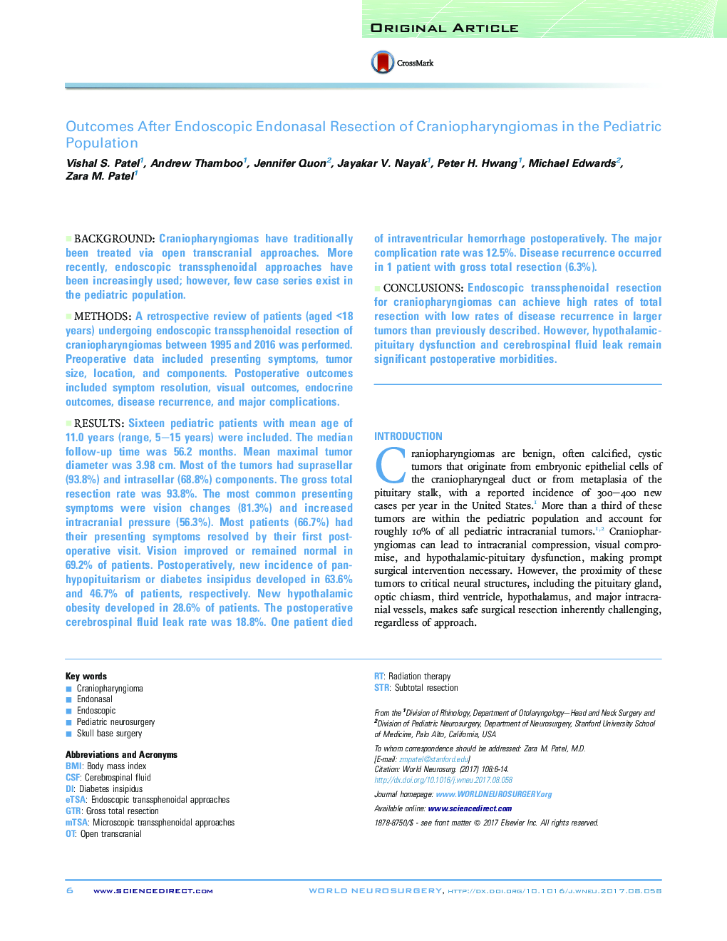 Original ArticleOutcomes After Endoscopic Endonasal Resection of Craniopharyngiomas in the Pediatric Population