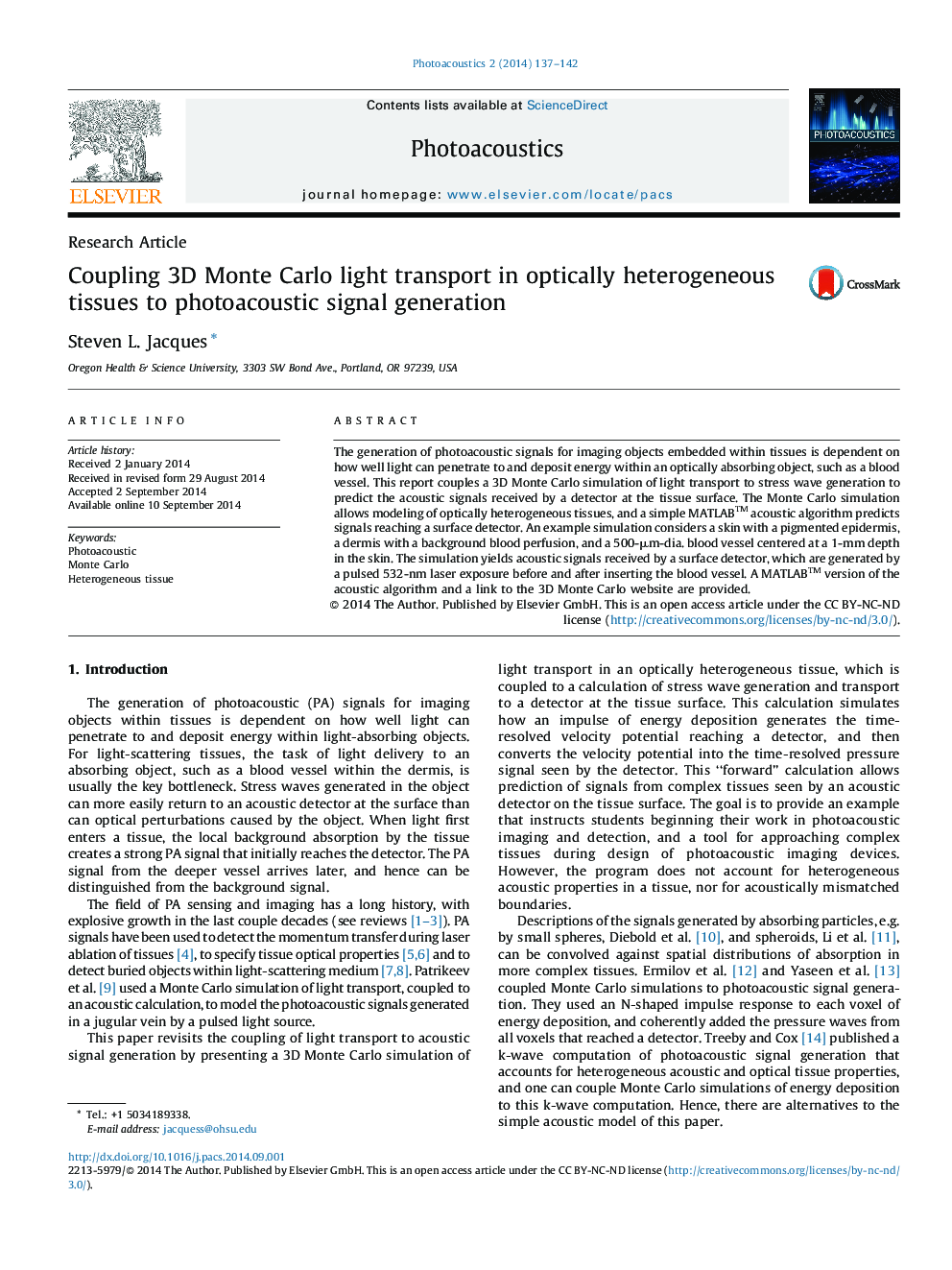 Coupling 3D Monte Carlo light transport in optically heterogeneous tissues to photoacoustic signal generation