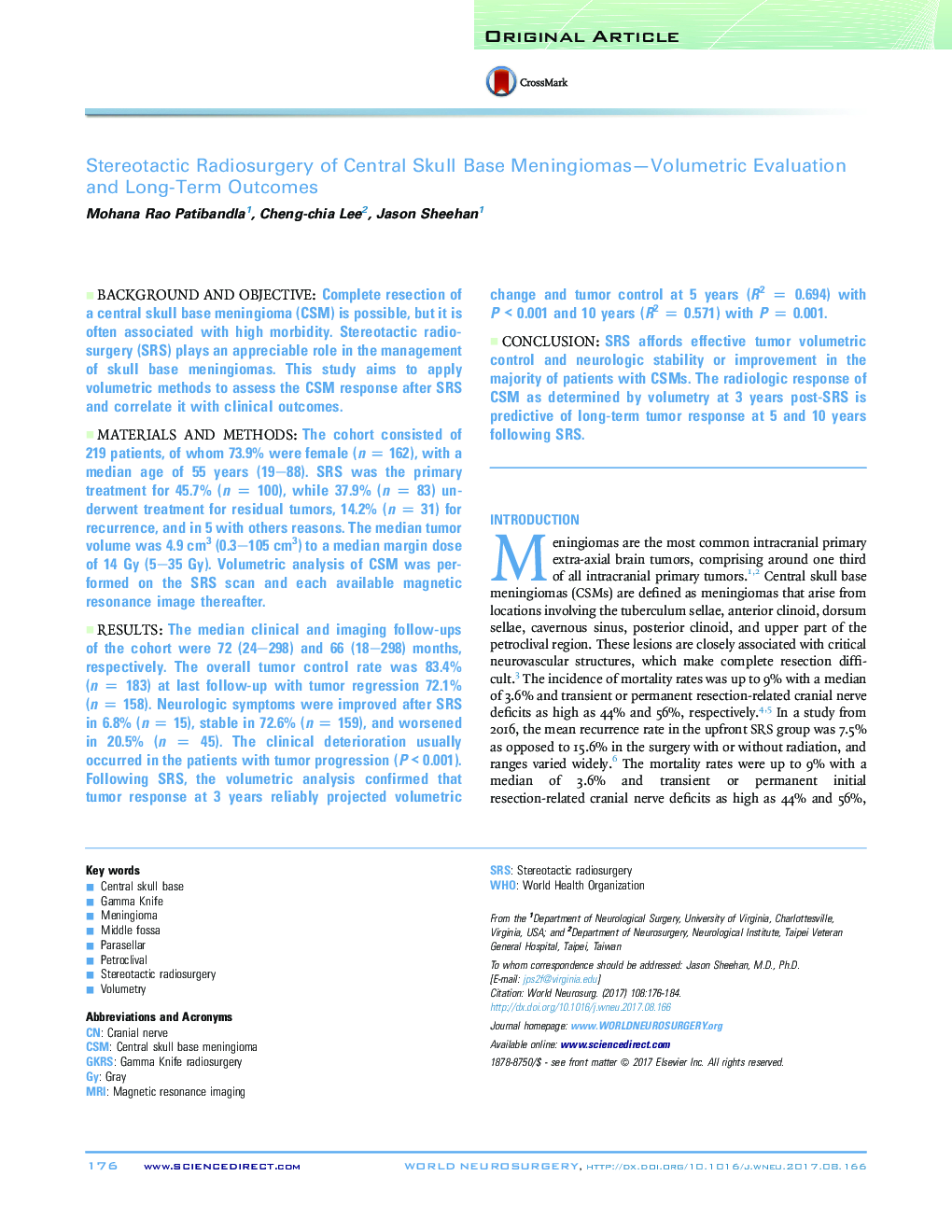 Original ArticleStereotactic Radiosurgery of Central Skull Base Meningiomas-Volumetric Evaluation and Long-Term Outcomes