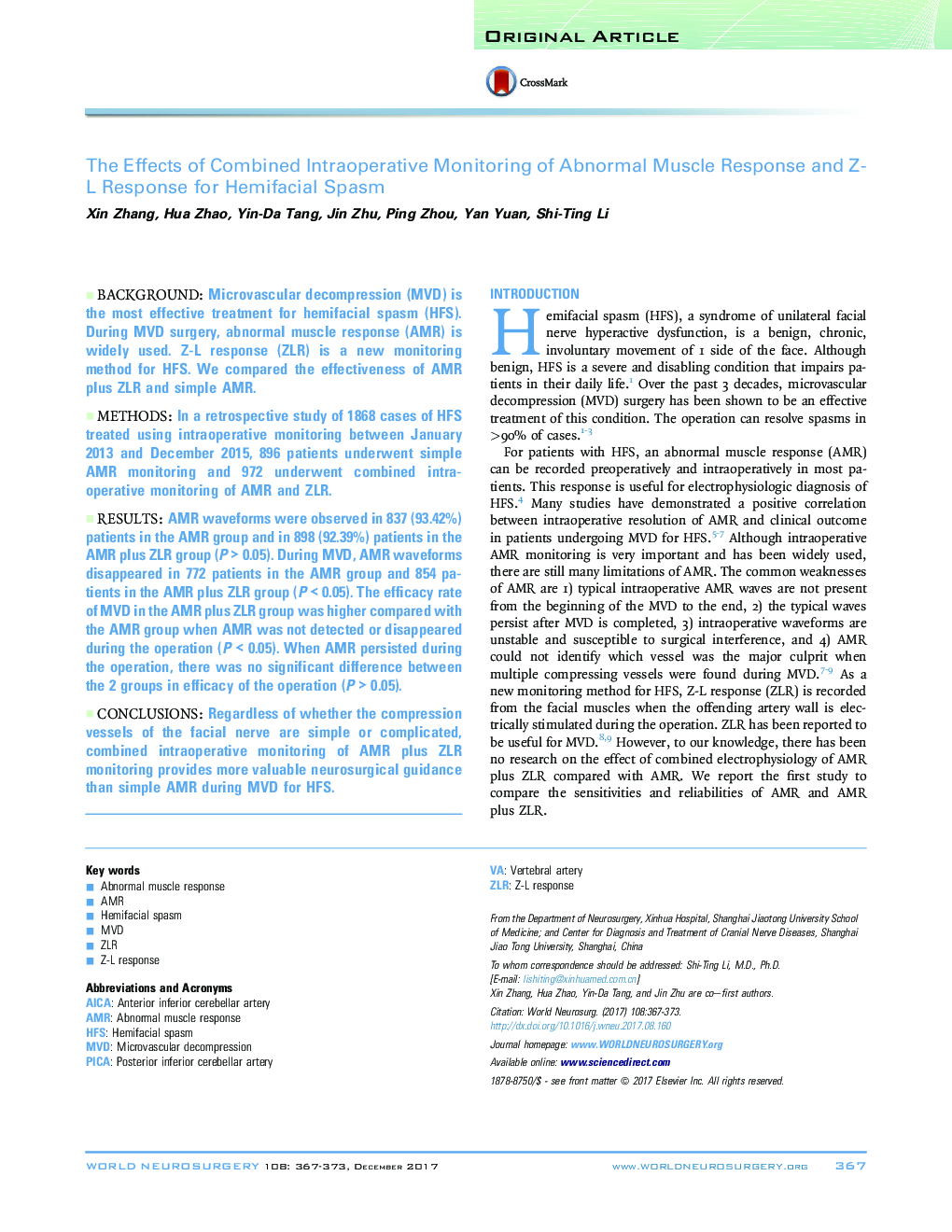 Original ArticleThe Effects of Combined Intraoperative Monitoring of Abnormal Muscle Response and Z-L Response for Hemifacial Spasm