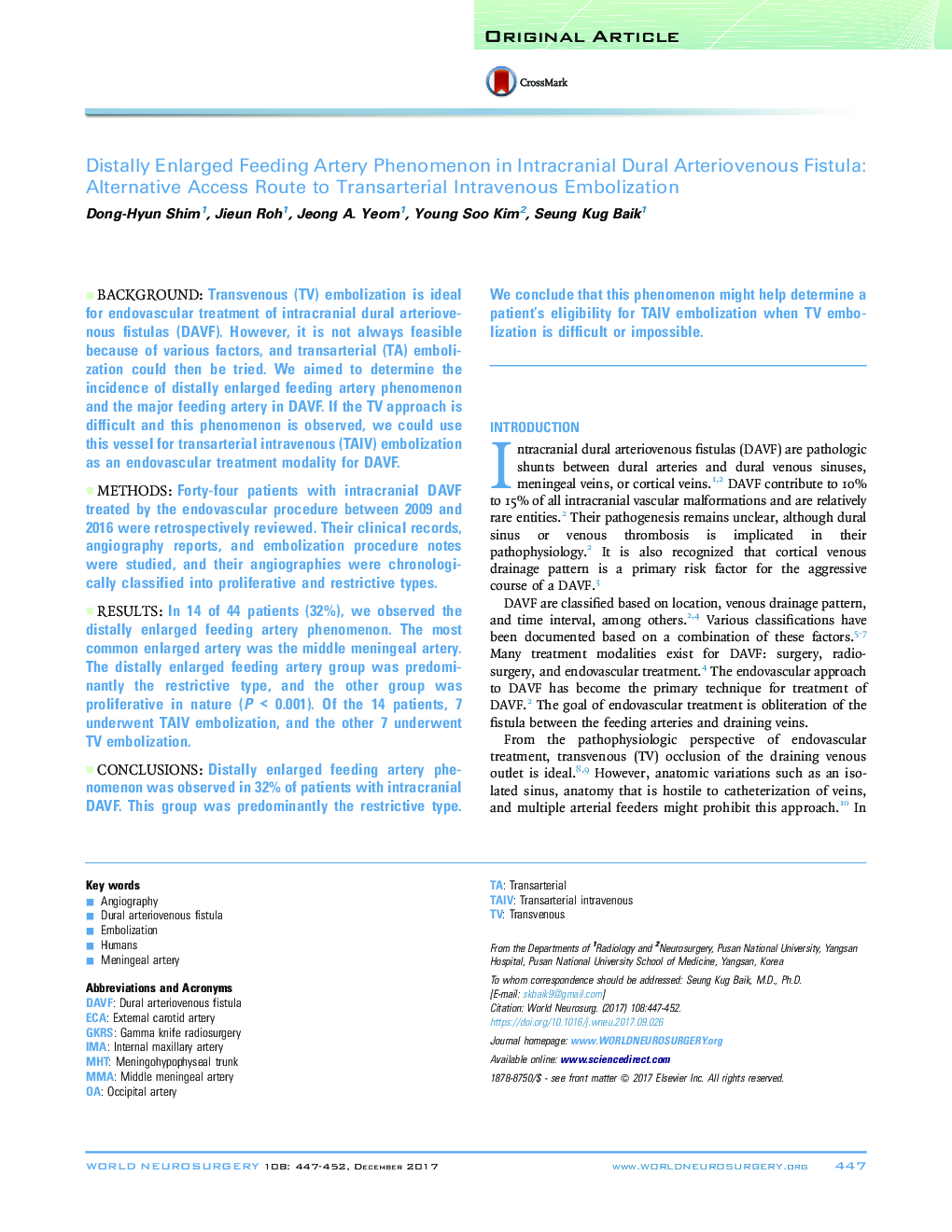 Original ArticleDistally Enlarged Feeding Artery Phenomenon in Intracranial Dural Arteriovenous Fistula: Alternative Access Route to Transarterial Intravenous Embolization