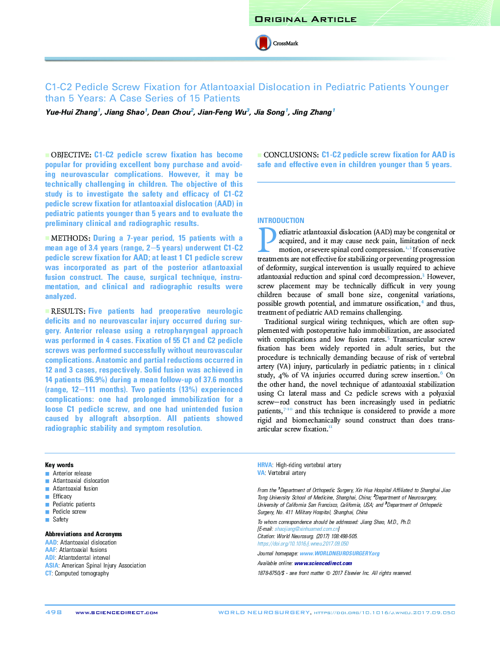 C1-C2 Pedicle Screw Fixation for Atlantoaxial Dislocation in Pediatric Patients Younger than 5 Years: A Case Series of 15 Patients