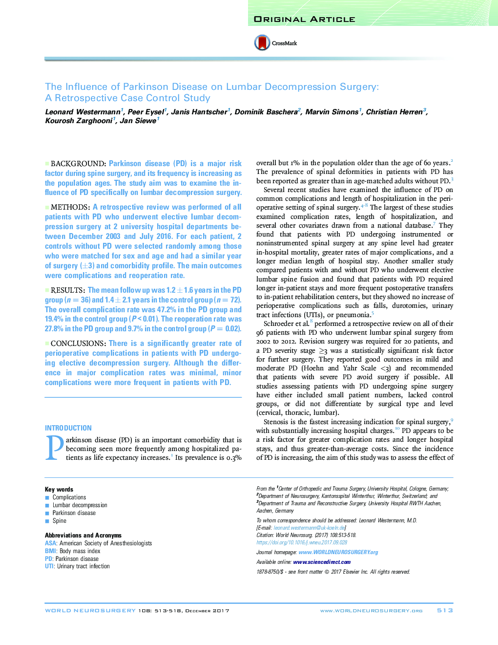 Original ArticleThe Influence of Parkinson Disease on Lumbar Decompression Surgery: A Retrospective Case Control Study
