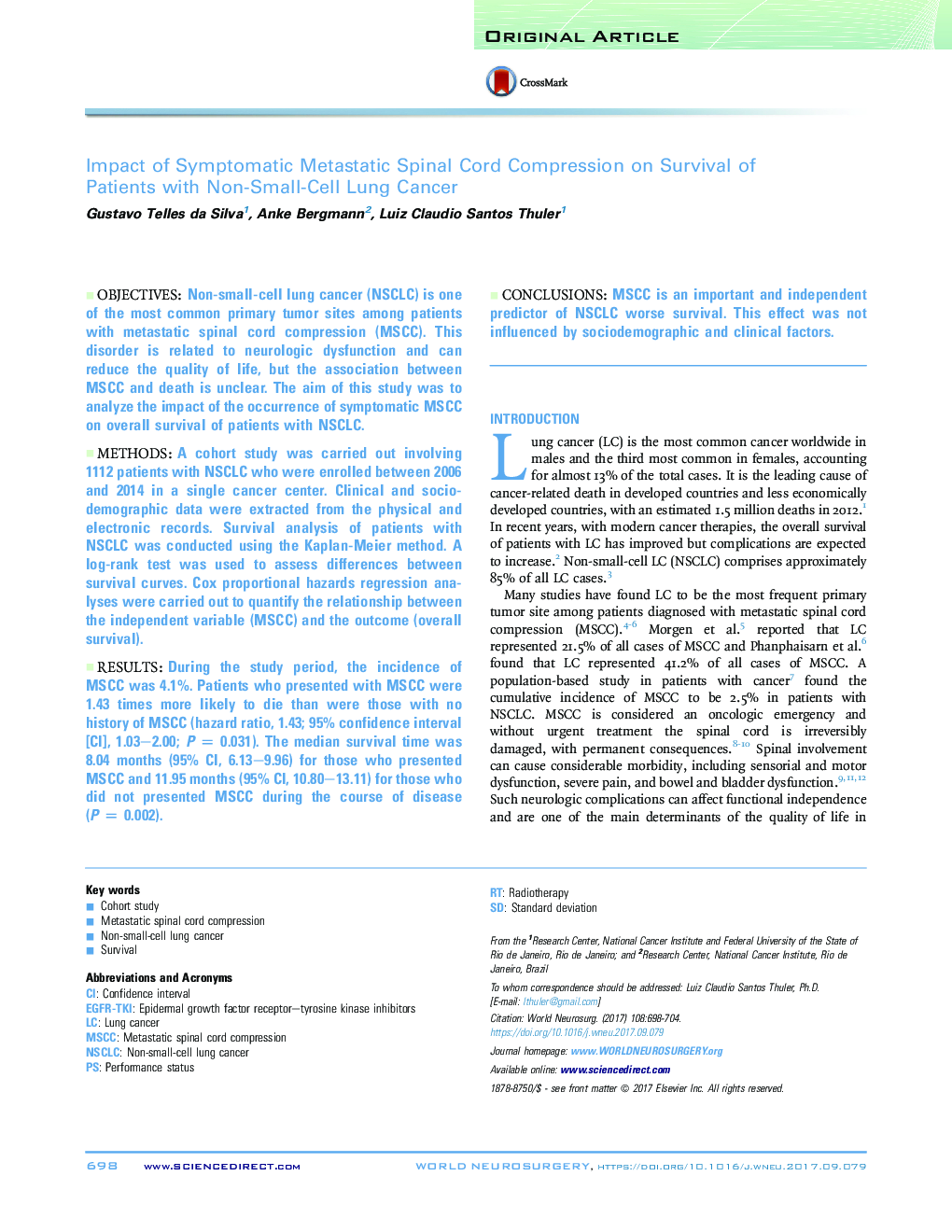 Original ArticleImpact of Symptomatic Metastatic Spinal Cord Compression on Survival of Patients with Non-Small-Cell Lung Cancer