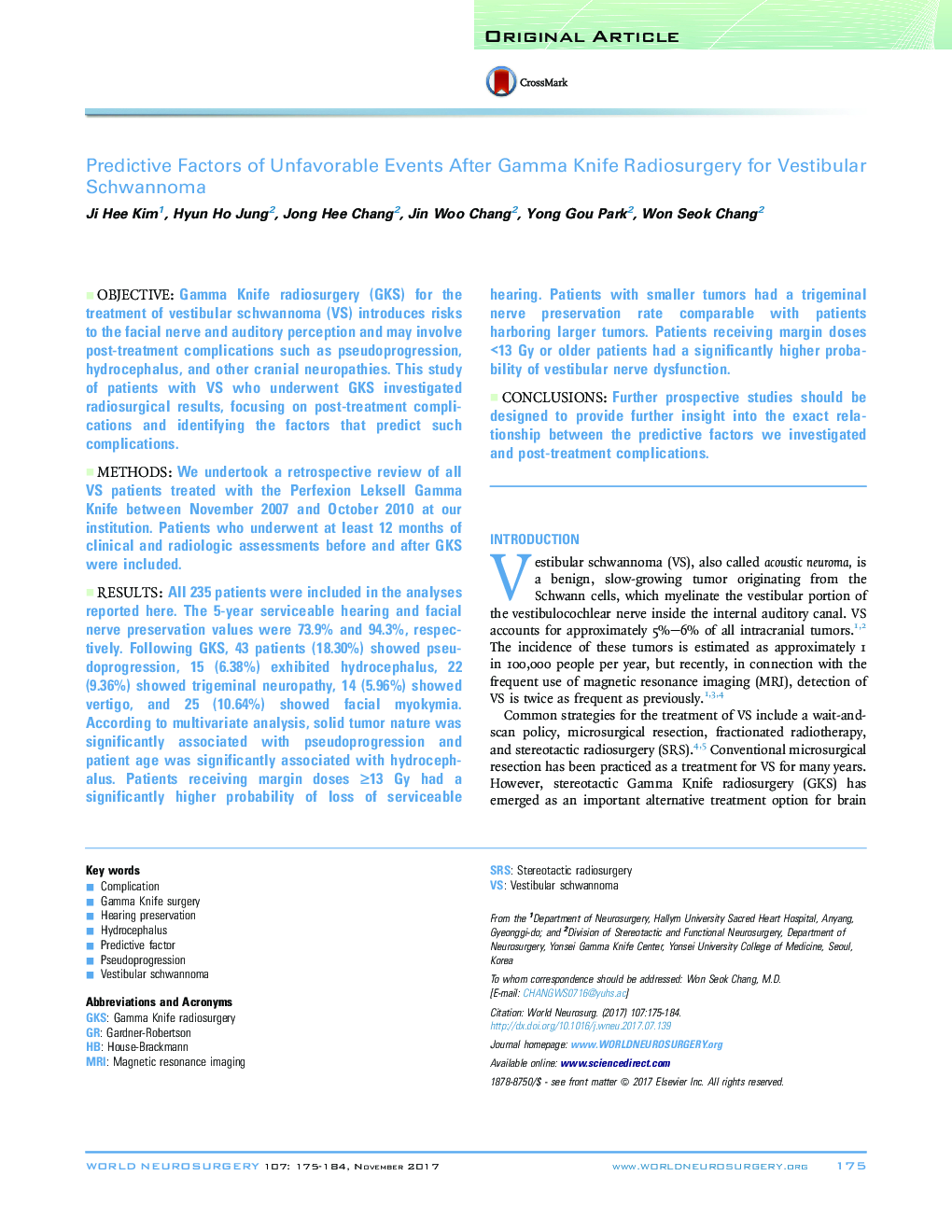 Predictive Factors of Unfavorable Events After Gamma Knife Radiosurgery for Vestibular Schwannoma