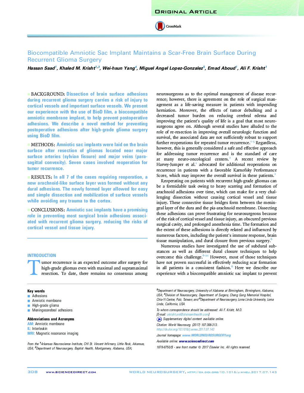 Original ArticleBiocompatible Amniotic Sac Implant Maintains a Scar-Free Brain Surface During Recurrent Glioma Surgery