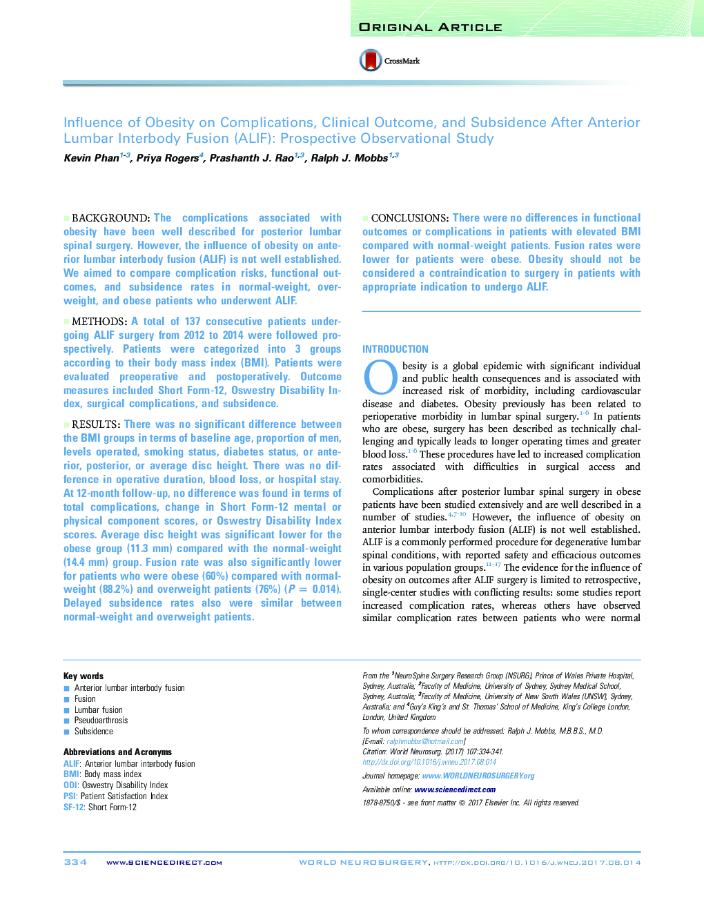 Original ArticleInfluence of Obesity on Complications, Clinical Outcome, and Subsidence After Anterior Lumbar Interbody Fusion (ALIF): Prospective Observational Study