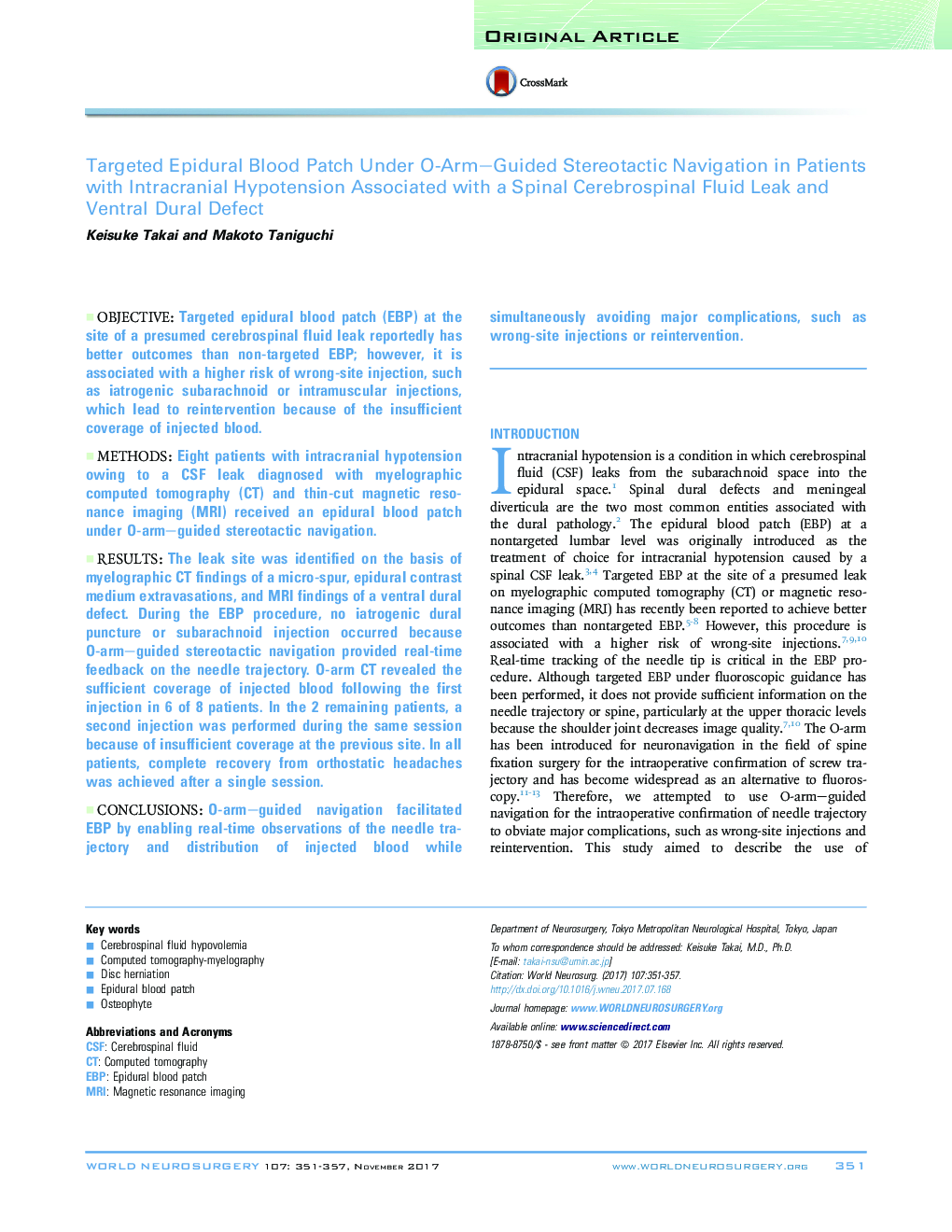 Targeted Epidural Blood Patch Under O-Arm-Guided Stereotactic Navigation in Patients with Intracranial Hypotension Associated with a Spinal Cerebrospinal Fluid Leak and Ventral Dural Defect