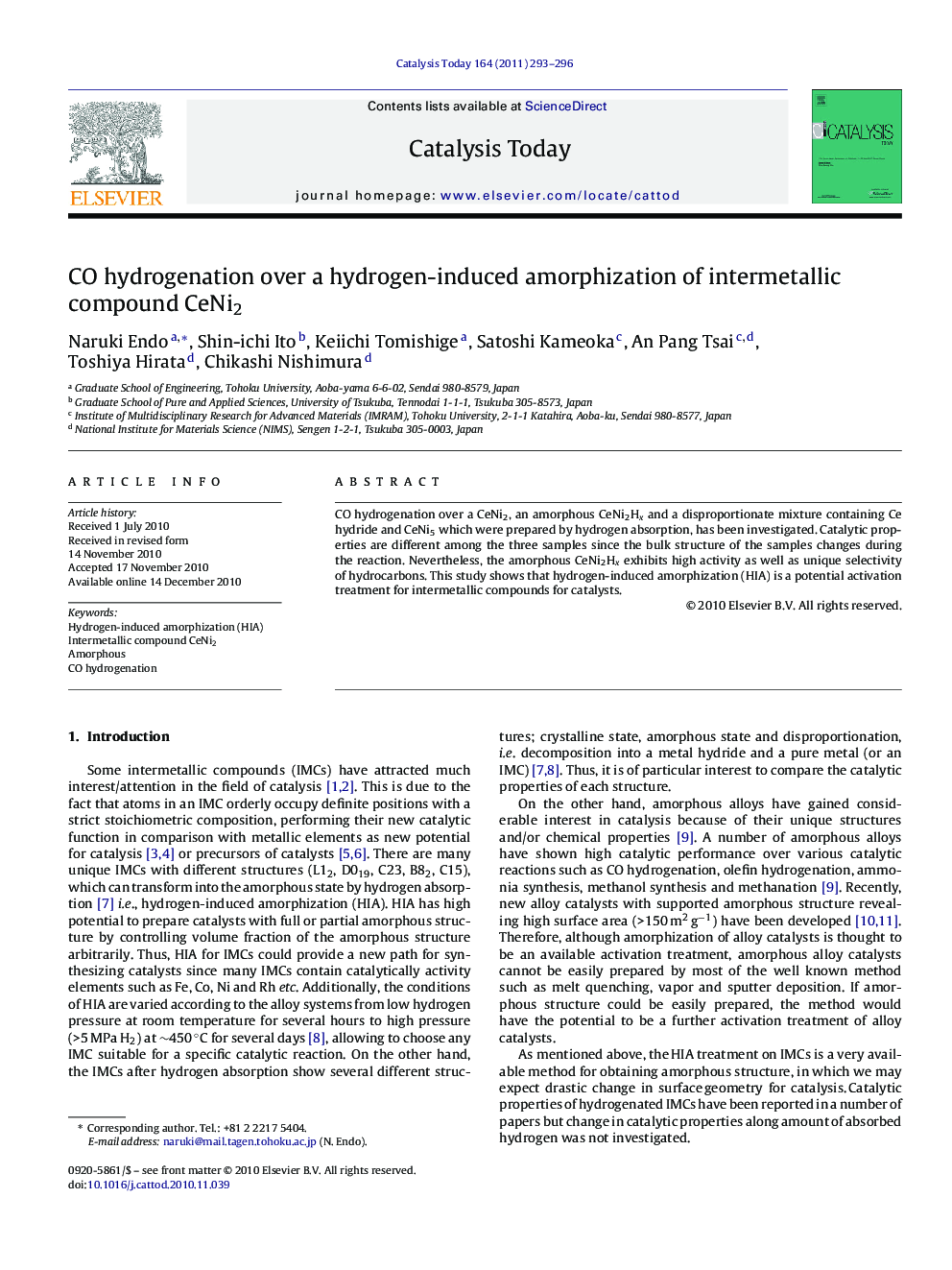 CO hydrogenation over a hydrogen-induced amorphization of intermetallic compound CeNi2