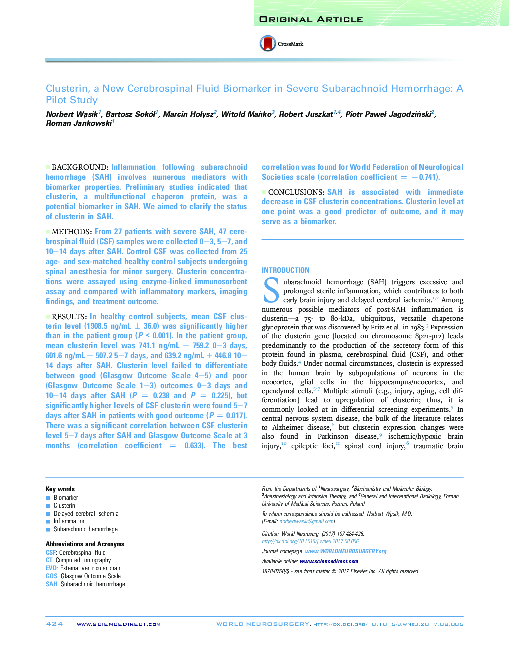 Original ArticleClusterin, a New Cerebrospinal Fluid Biomarker in Severe Subarachnoid Hemorrhage: A Pilot Study