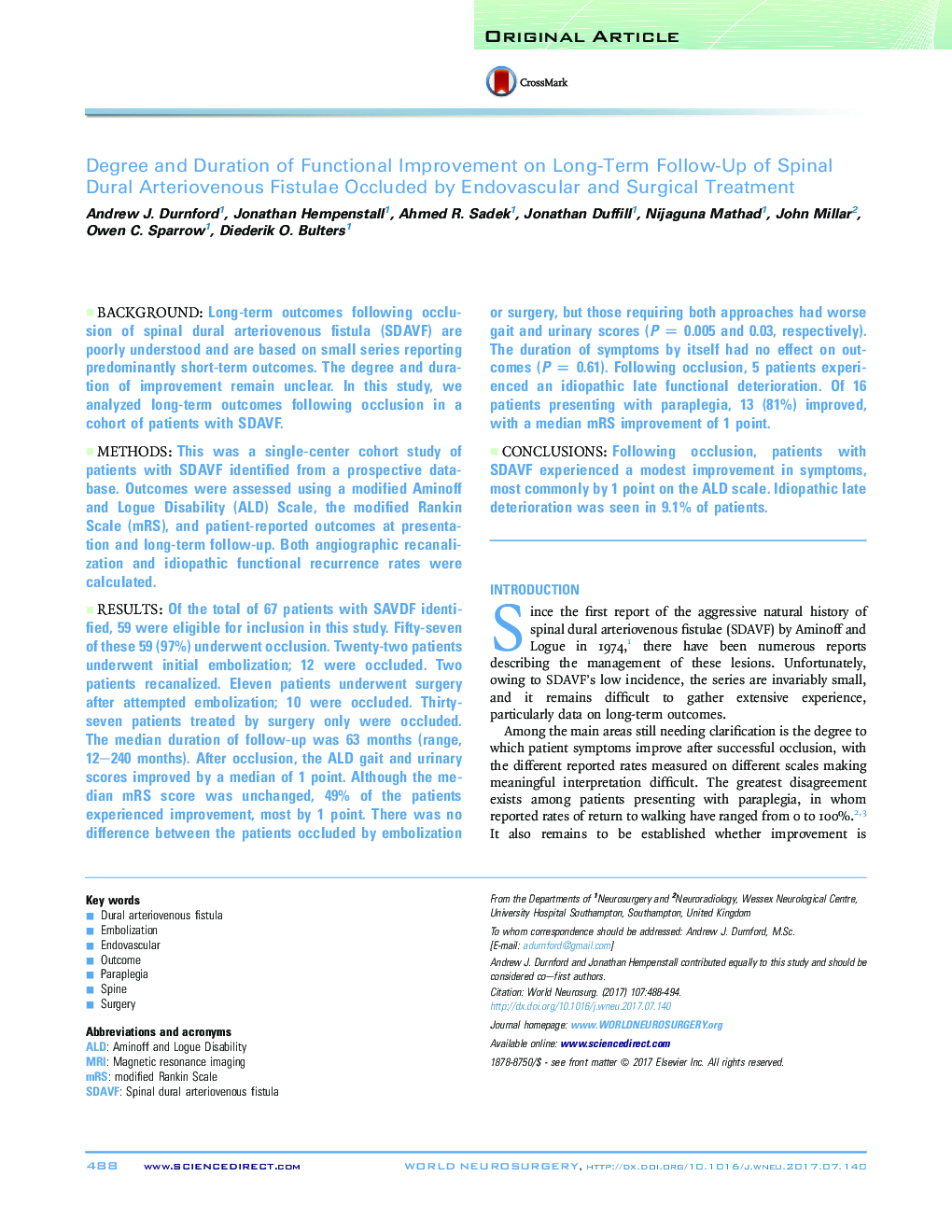 Degree and Duration of Functional Improvement on Long-Term Follow-Up of Spinal Dural Arteriovenous Fistulae Occluded by Endovascular and Surgical Treatment