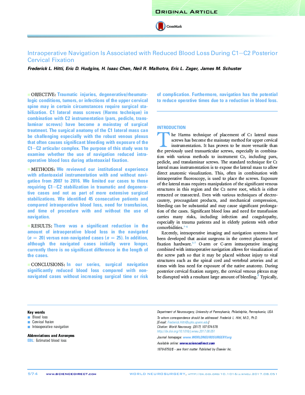 Original ArticleIntraoperative Navigation Is Associated with Reduced Blood Loss During C1-C2 Posterior Cervical Fixation