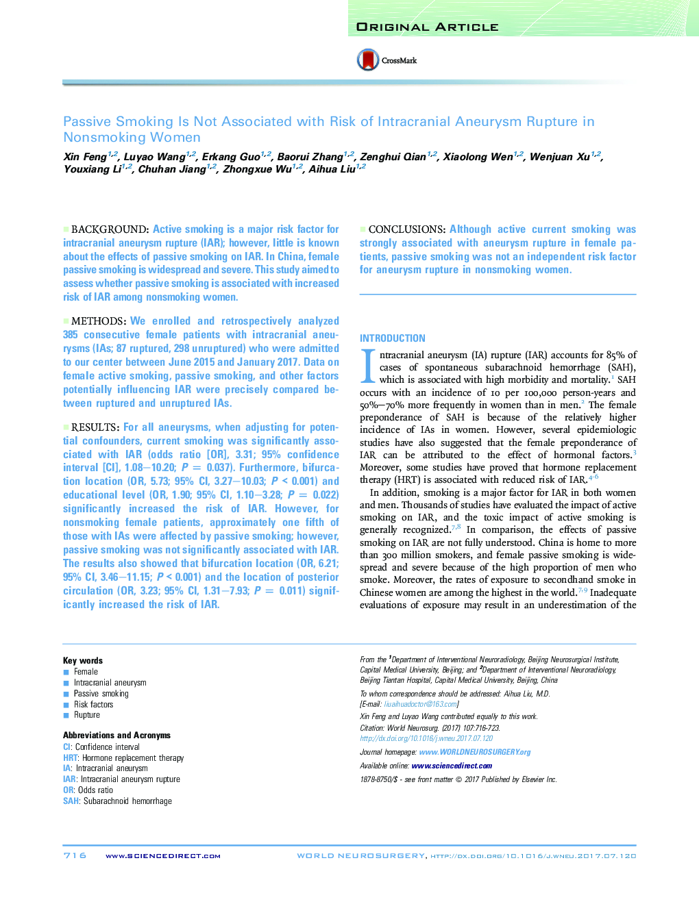 Passive Smoking Is Not Associated with Risk of Intracranial Aneurysm Rupture in Nonsmoking Women