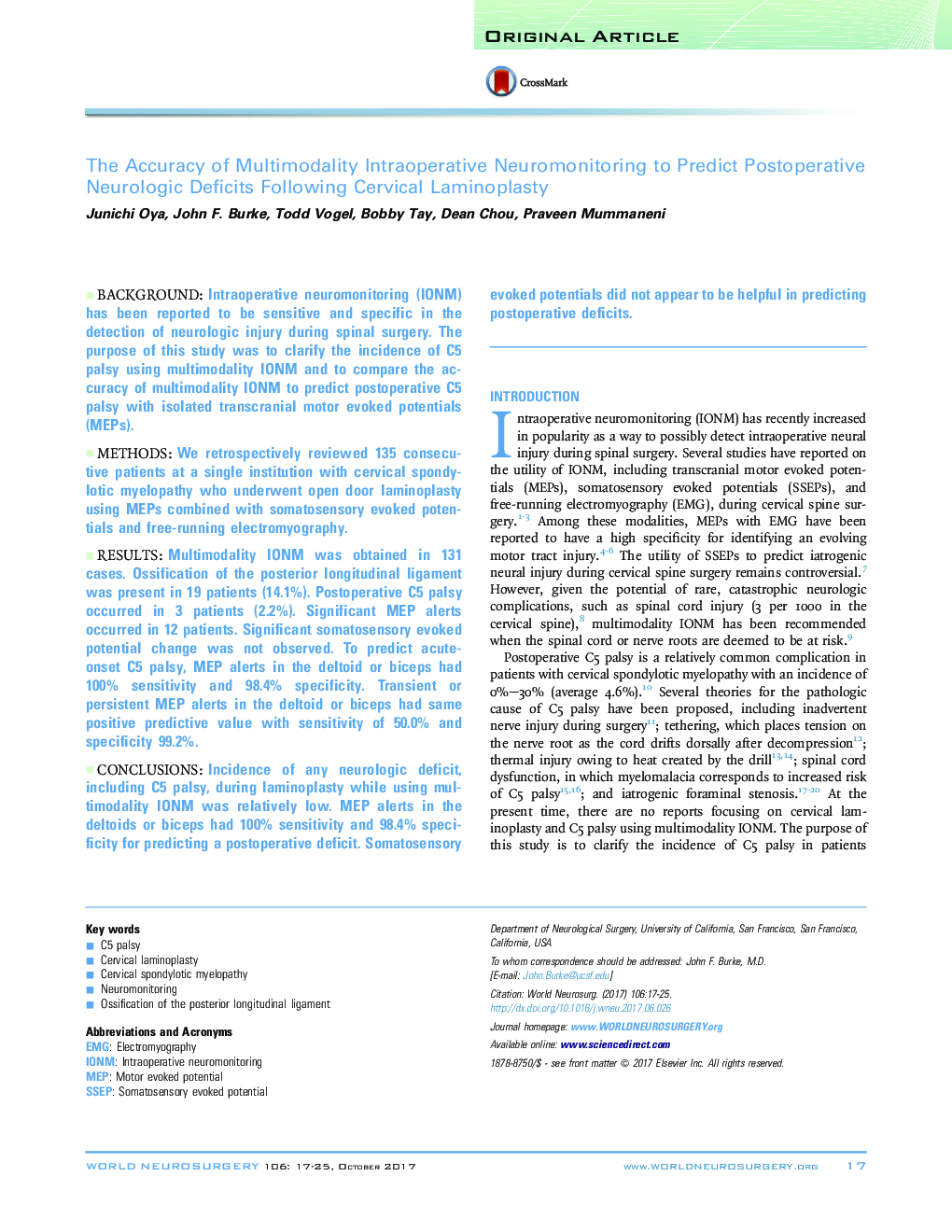 The Accuracy of Multimodality Intraoperative Neuromonitoring to Predict Postoperative Neurologic Deficits Following Cervical Laminoplasty