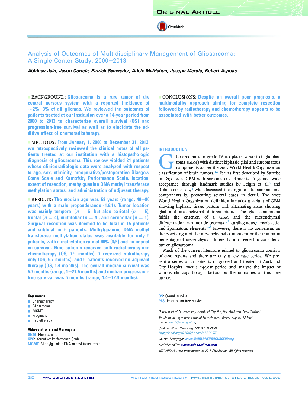 مقاله اصلی تجزیه و تحلیل نتایج مدیریت چند رشته ای گلیوسارکوم: مطالعات تک محور، 2000-2013 