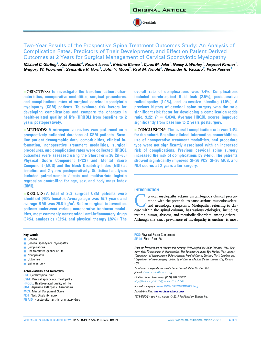 Two-Year Results of the Prospective Spine Treatment Outcomes Study: An Analysis of Complication Rates, Predictors of Their Development, and Effect on Patient Derived Outcomes at 2 Years for Surgical Management of Cervical Spondylotic Myelopathy