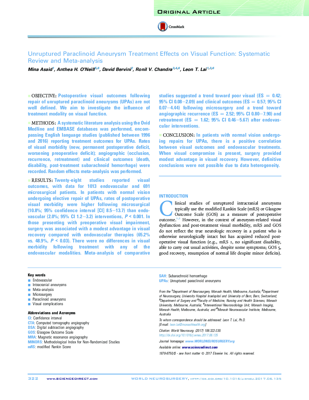 تأثیرات اصلی درمان آئرویسم پاراکلینوئید در مورد عملکرد ویژوال: بررسی سیستماتیک و متاآنالیز 