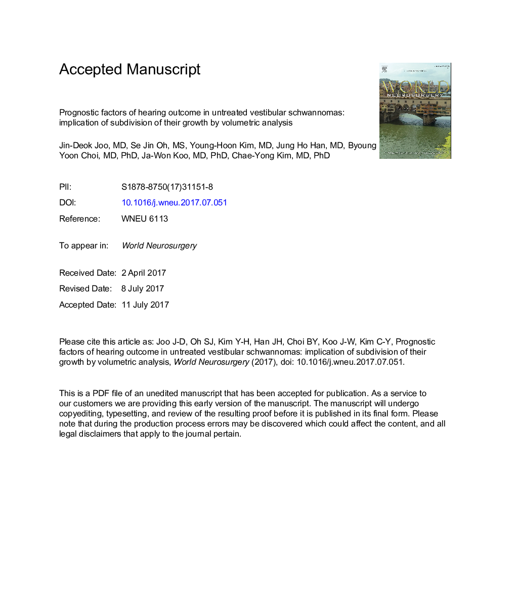 Prognostic Factors of Hearing Outcome in Untreated Vestibular Schwannomas: Implication of Subdivision of Their Growth by Volumetric Analysis