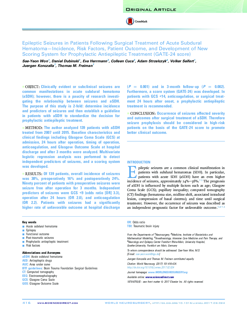 Epileptic Seizures in Patients Following Surgical Treatment of Acute Subdural Hematoma-Incidence, Risk Factors, Patient Outcome, and Development of New Scoring System for Prophylactic Antiepileptic Treatment (GATE-24 score)