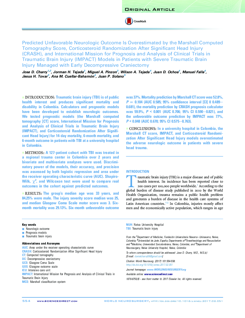 Predicted Unfavorable Neurologic Outcome Is Overestimated by the Marshall Computed Tomography Score, Corticosteroid Randomization After Significant Head Injury (CRASH), and International Mission for Prognosis and Analysis of Clinical Trials in Traumatic B