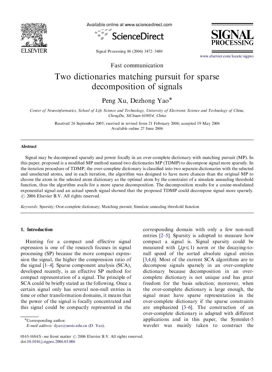 Two dictionaries matching pursuit for sparse decomposition of signals