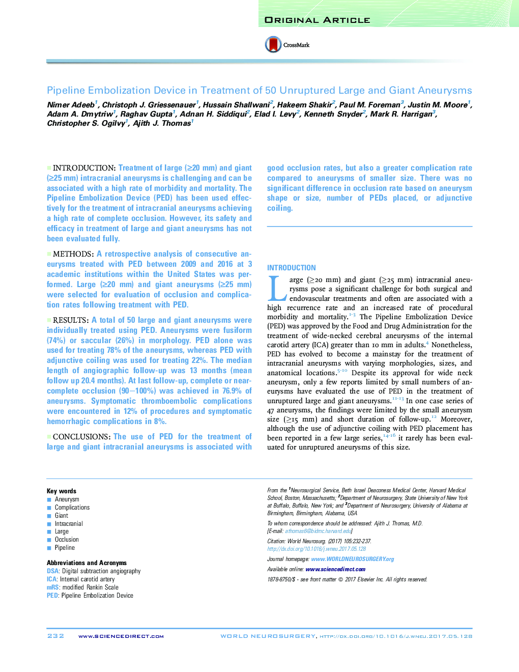 Pipeline Embolization Device in Treatment of 50 Unruptured Large and Giant Aneurysms