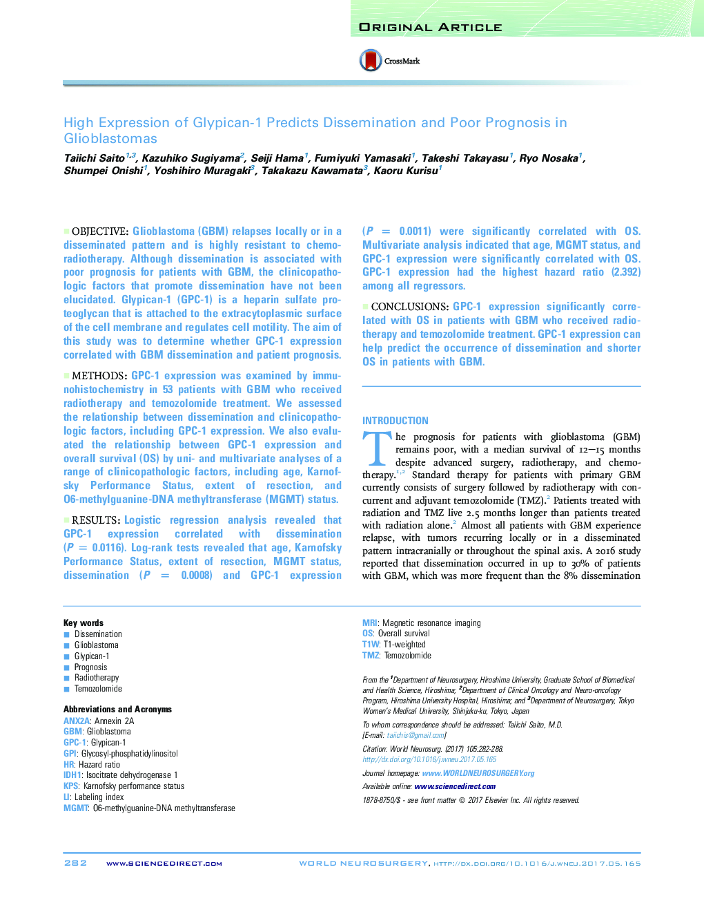 High Expression of Glypican-1 Predicts Dissemination and Poor Prognosis in Glioblastomas