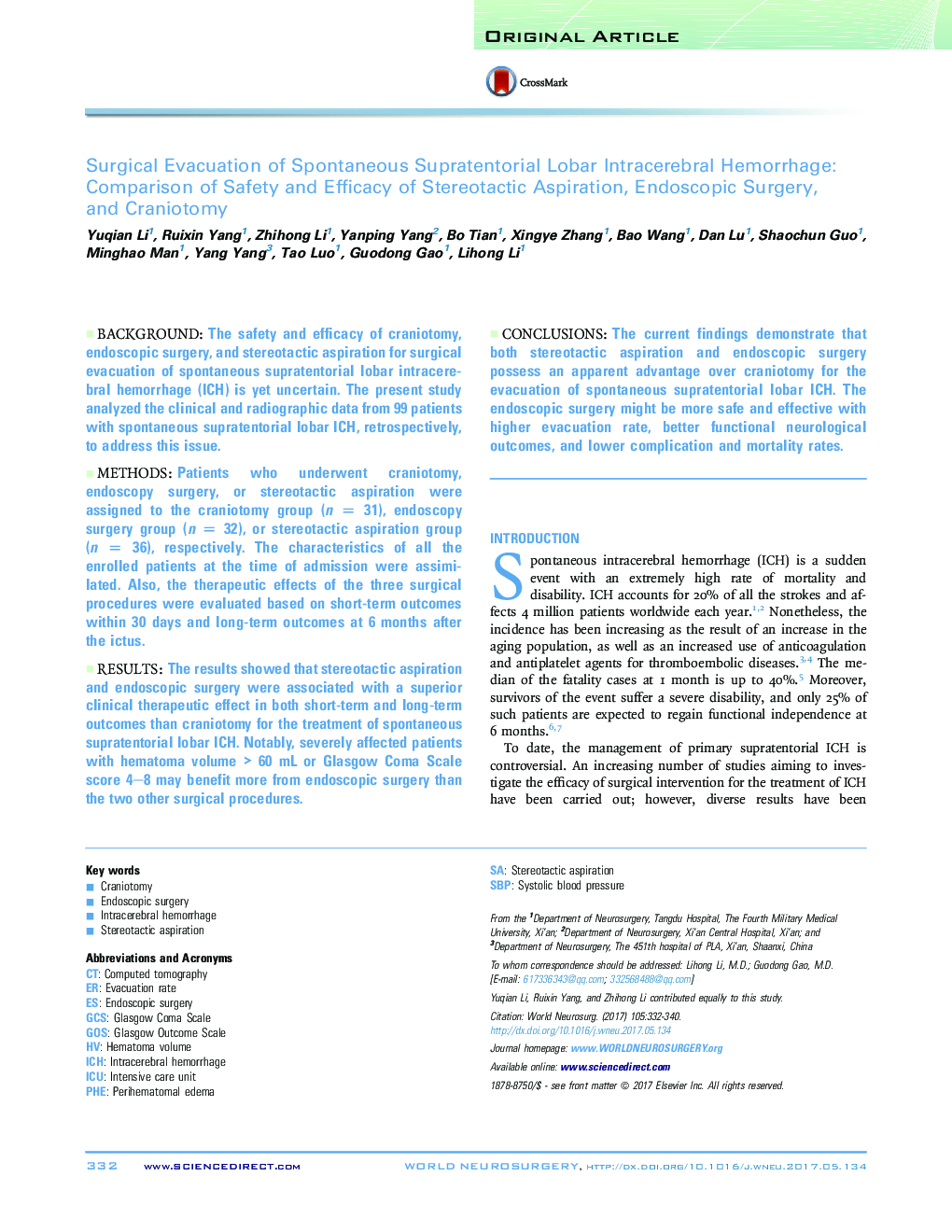 Surgical Evacuation of Spontaneous Supratentorial Lobar Intracerebral Hemorrhage: Comparison of Safety and Efficacy of Stereotactic Aspiration, Endoscopic Surgery, and Craniotomy