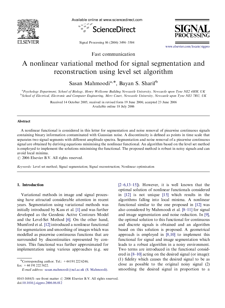 A nonlinear variational method for signal segmentation and reconstruction using level set algorithm