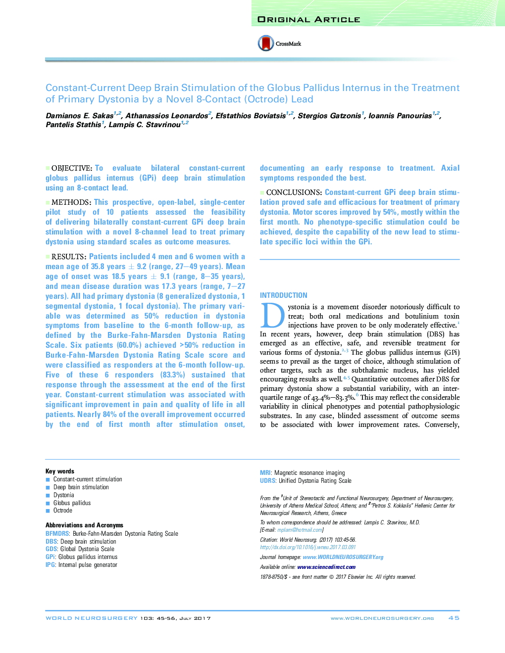 Constant-Current Deep Brain Stimulation of the Globus Pallidus Internus in the Treatment of Primary Dystonia by a Novel 8-Contact (Octrode) Lead