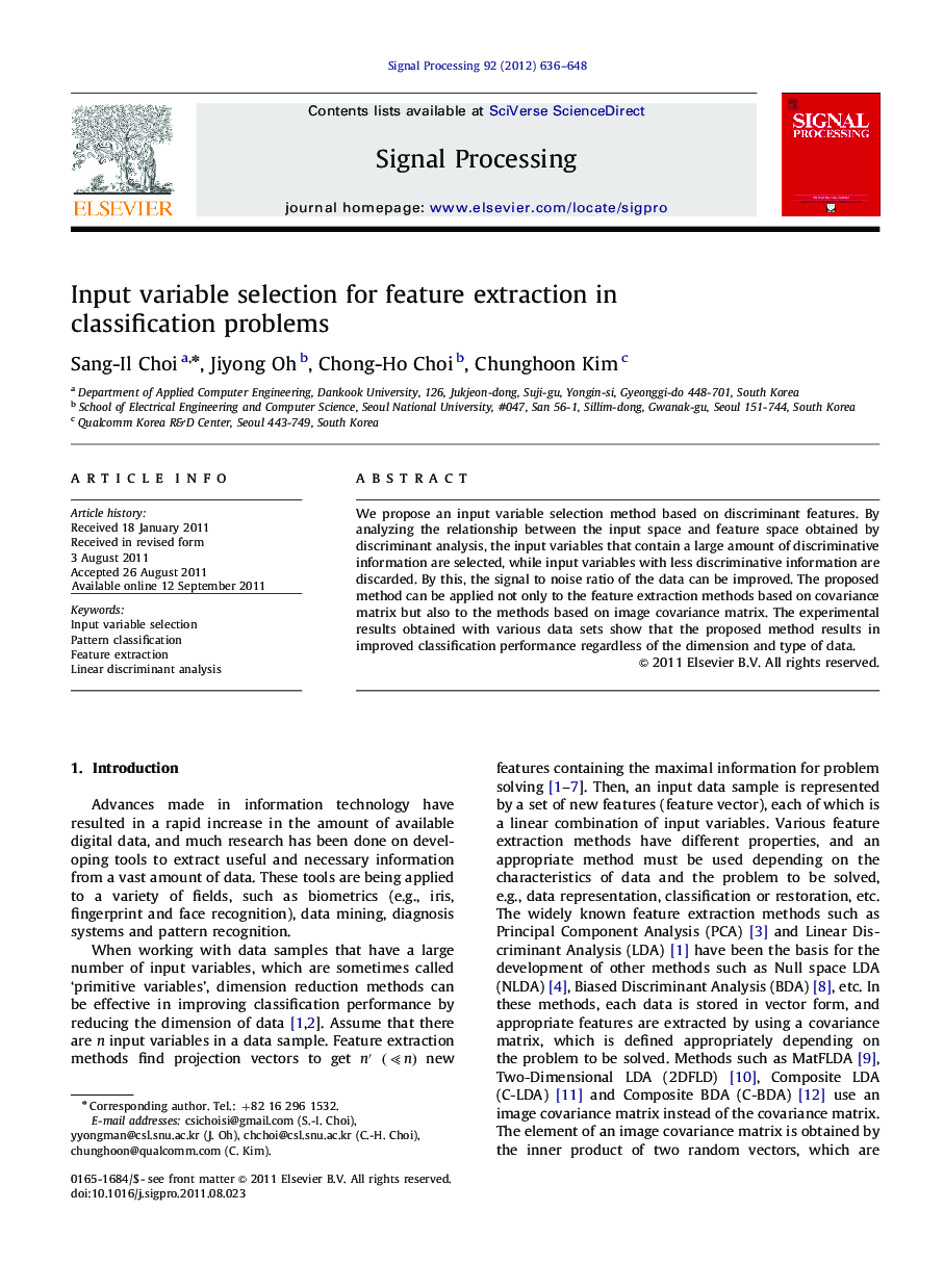 Input variable selection for feature extraction in classification problems