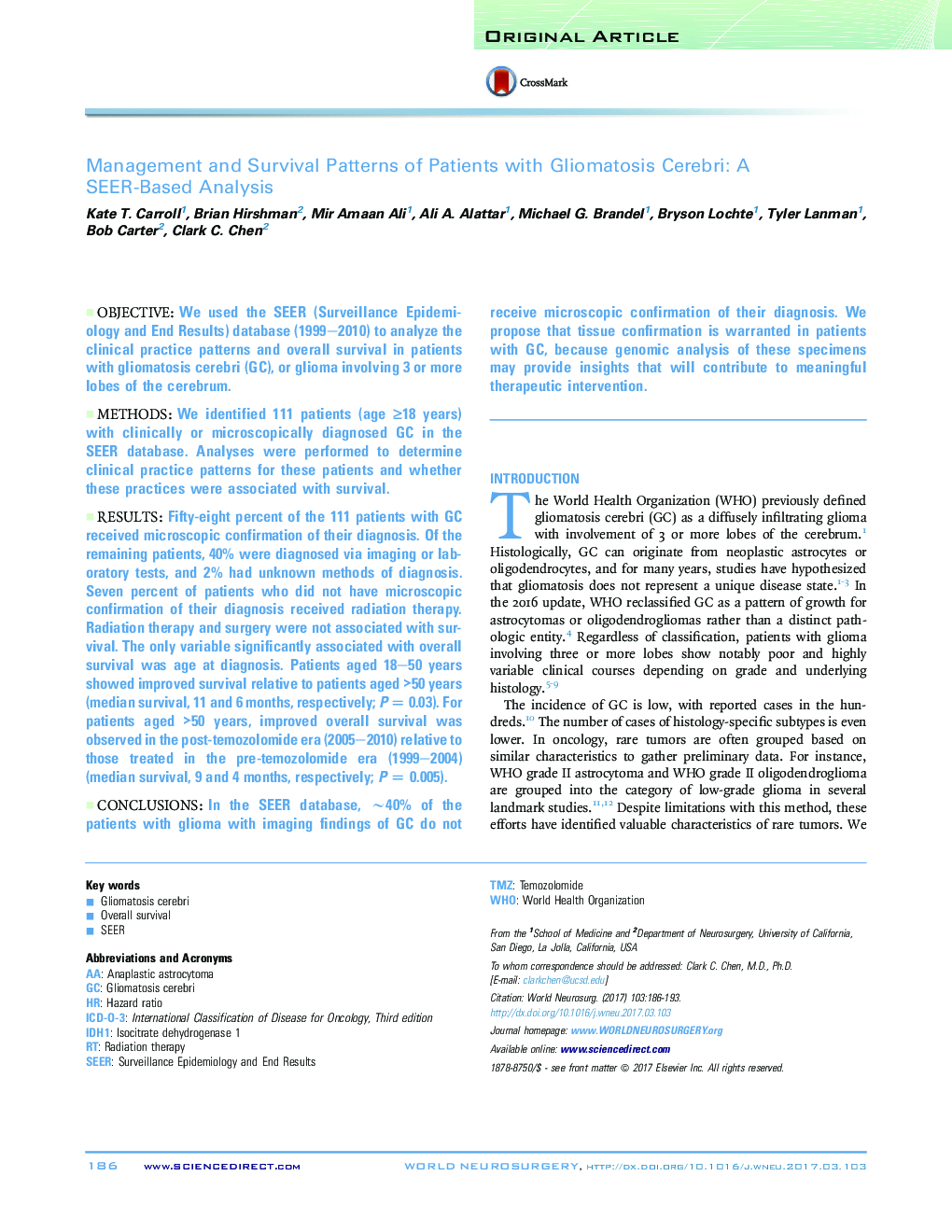 Management and Survival Patterns of Patients with Gliomatosis Cerebri: A SEER-Based Analysis