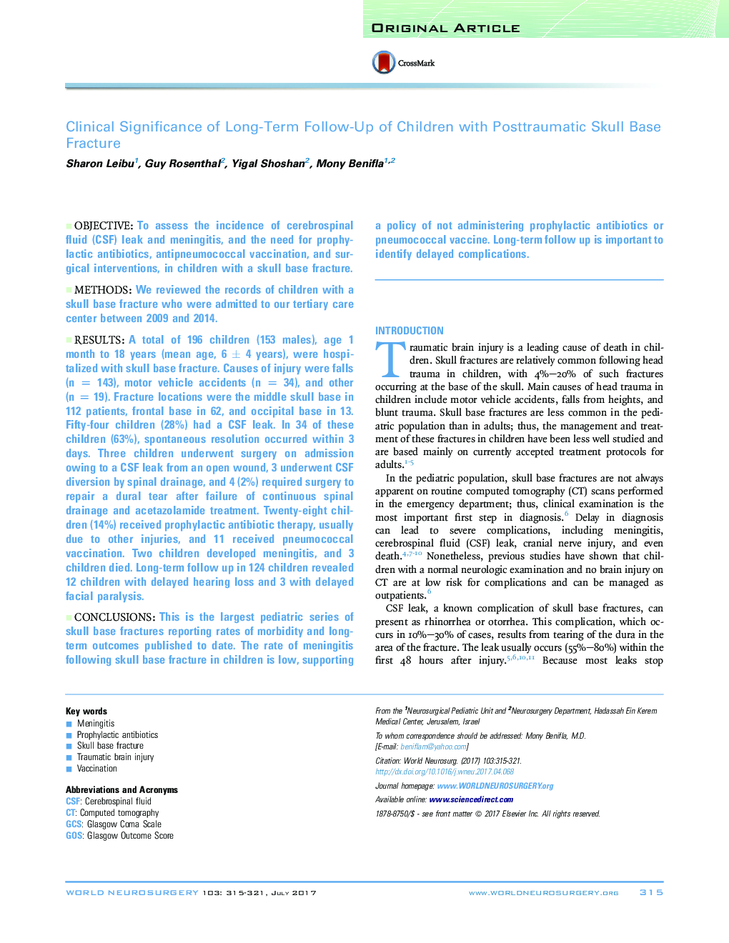 Clinical Significance of Long-Term Follow-Up of Children with Posttraumatic Skull Base Fracture