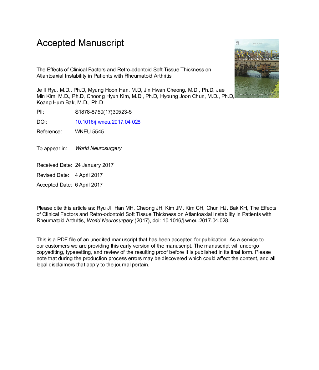 The Effects of Clinical Factors and Retro-Odontoid Soft Tissue Thickness on Atlantoaxial Instability in Patients with Rheumatoid Arthritis