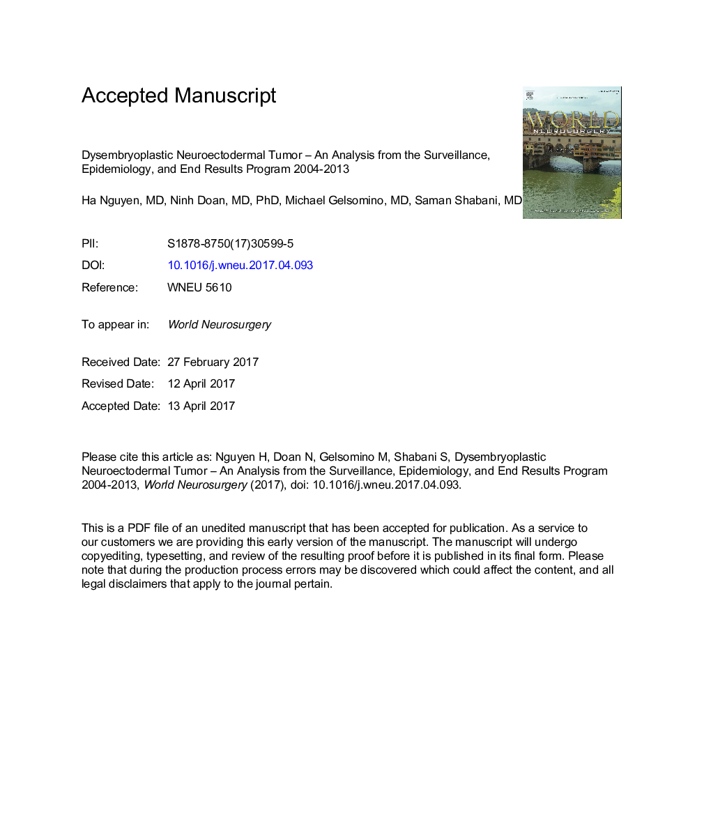 Dysembryoplastic Neuroectodermal Tumor: An Analysis from the Surveillance, Epidemiology, and End Results Program, 2004-2013