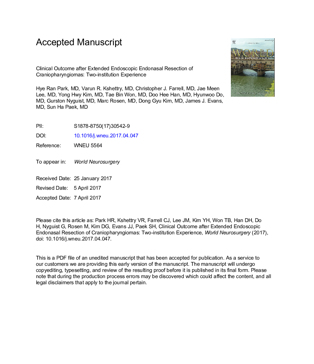 Clinical Outcome After Extended Endoscopic Endonasal Resection of Craniopharyngiomas: Two-Institution Experience