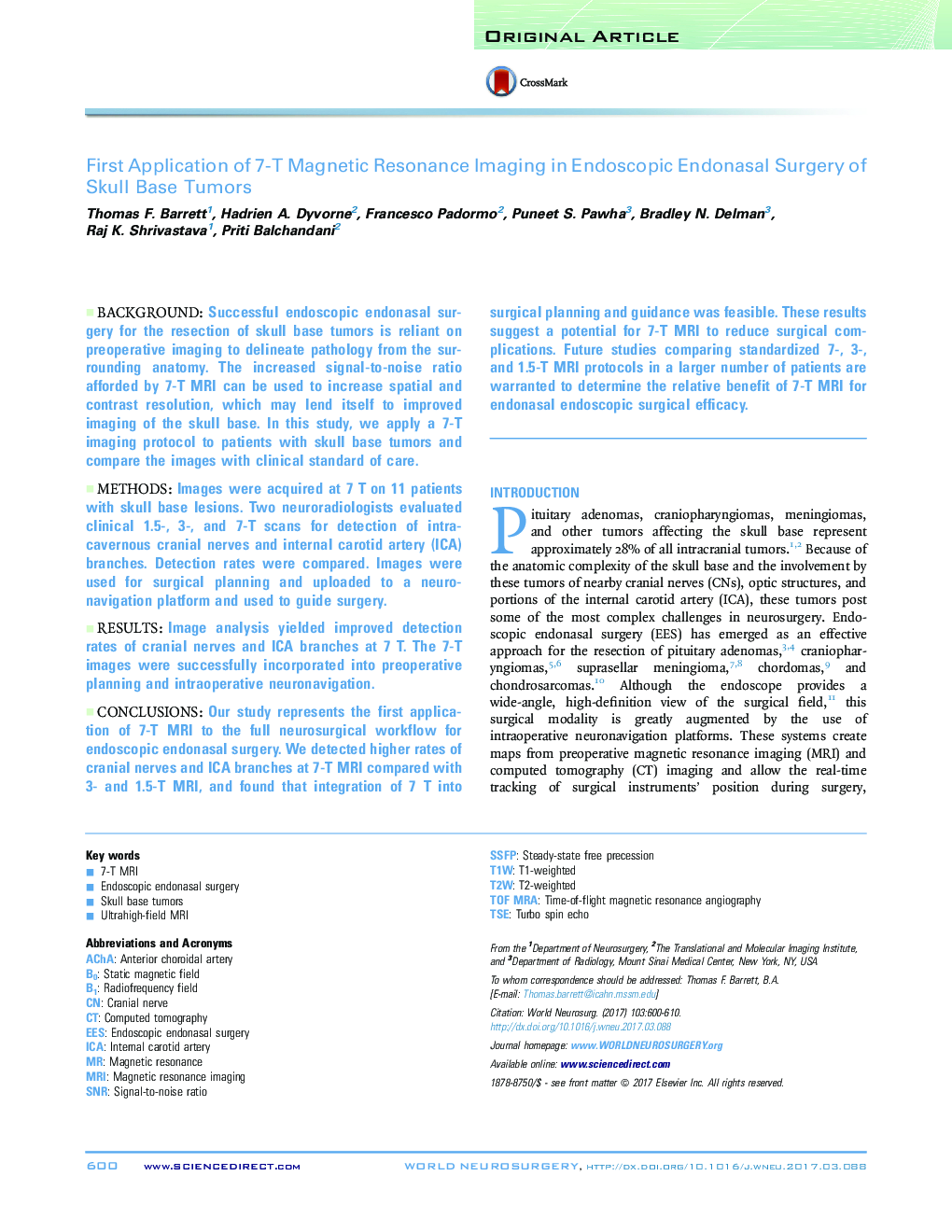 First Application of 7-T Magnetic Resonance Imaging in Endoscopic Endonasal Surgery of Skull Base Tumors