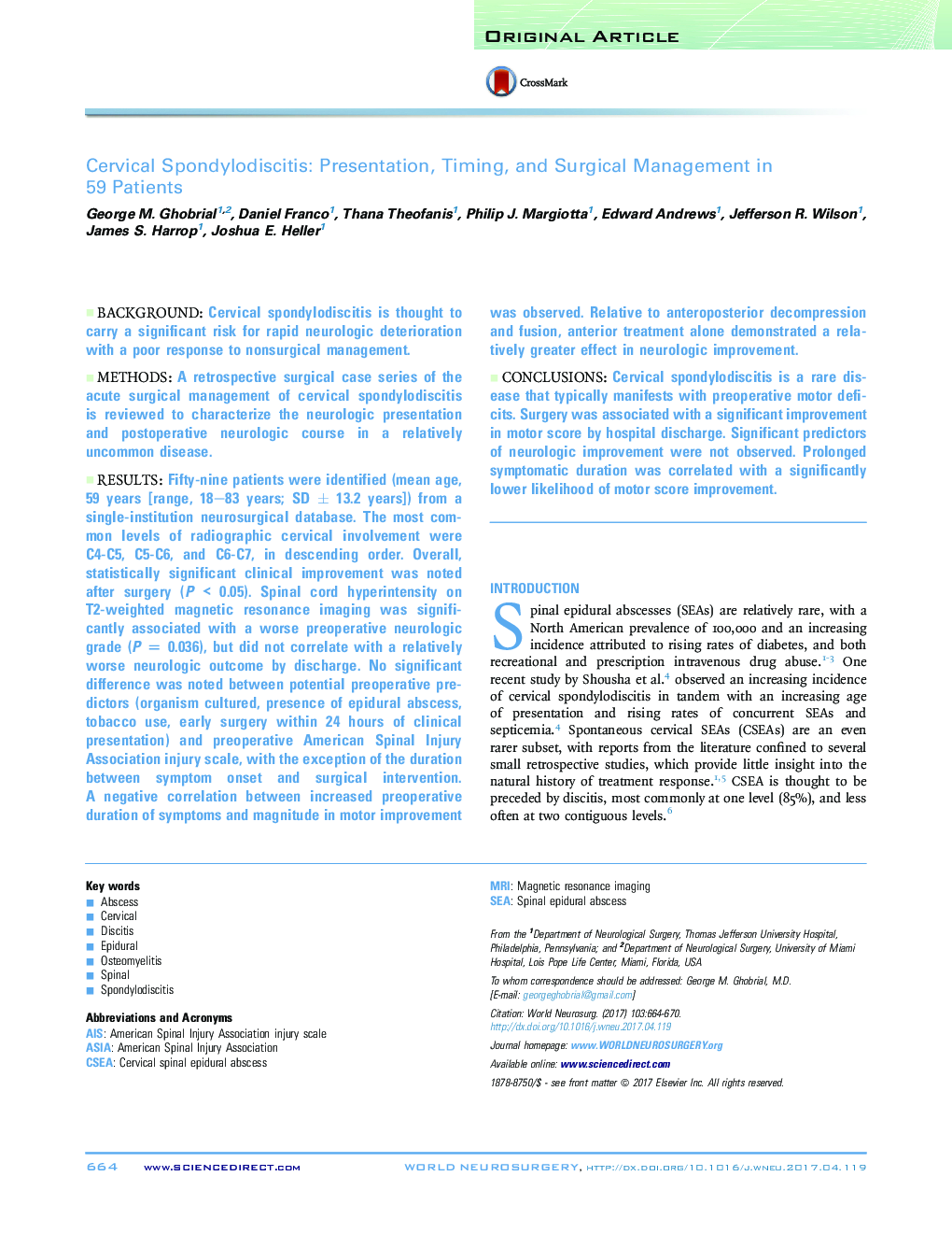 Cervical Spondylodiscitis: Presentation, Timing, and Surgical Management in 59 Patients