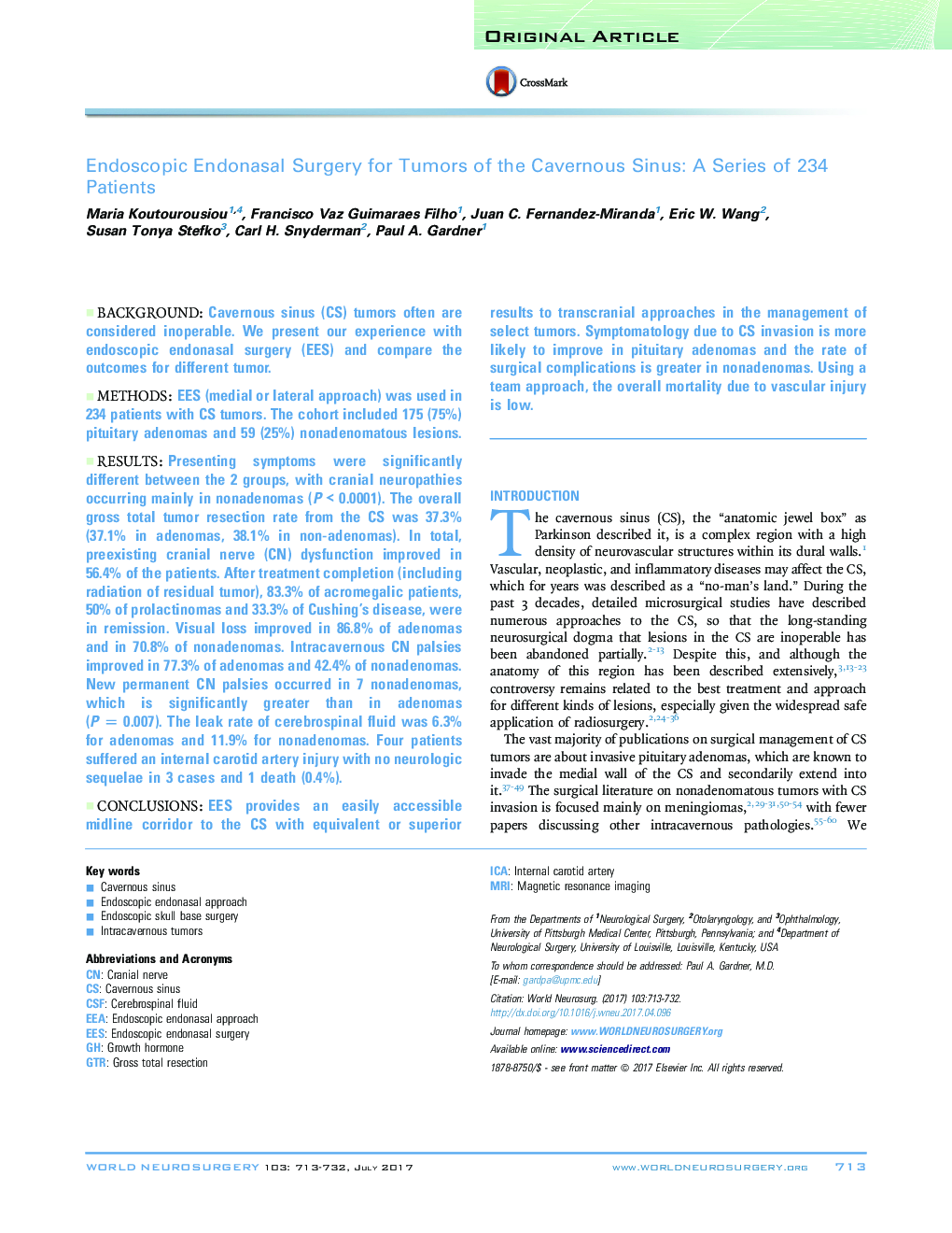 Endoscopic Endonasal Surgery for Tumors of the Cavernous Sinus: A Series of 234 Patients