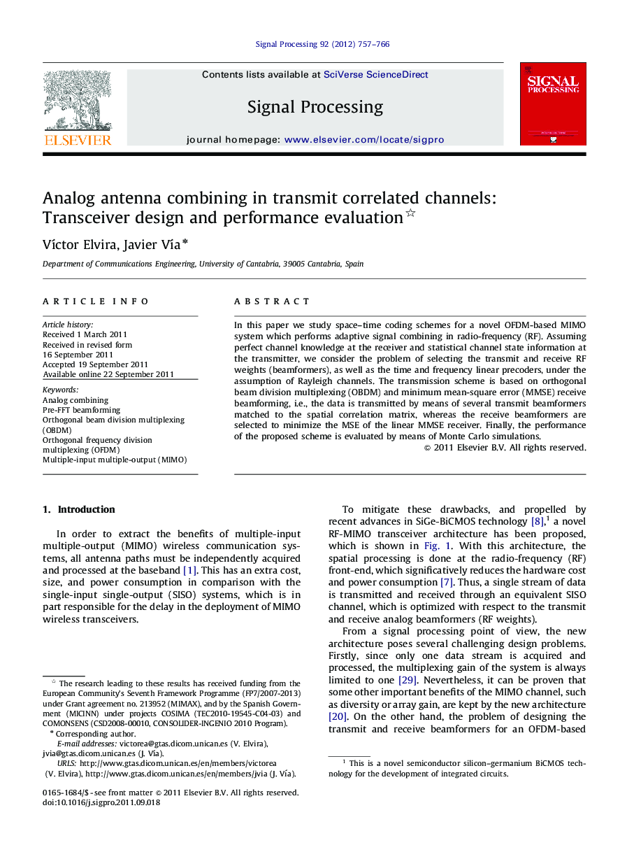 Analog antenna combining in transmit correlated channels: Transceiver design and performance evaluation 