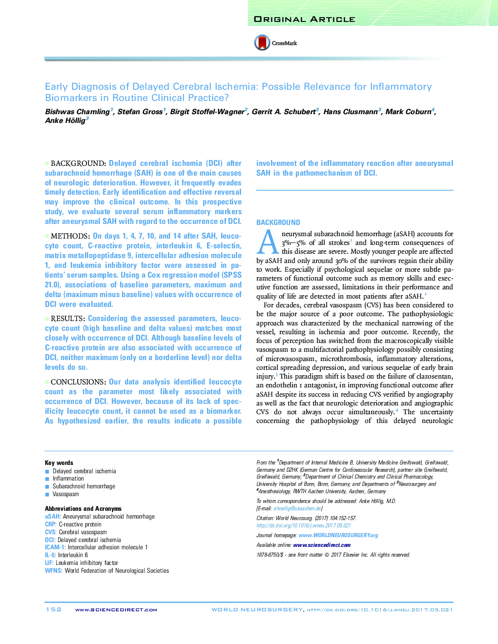 Early Diagnosis of Delayed Cerebral Ischemia: Possible Relevance for Inflammatory Biomarkers in Routine Clinical Practice?